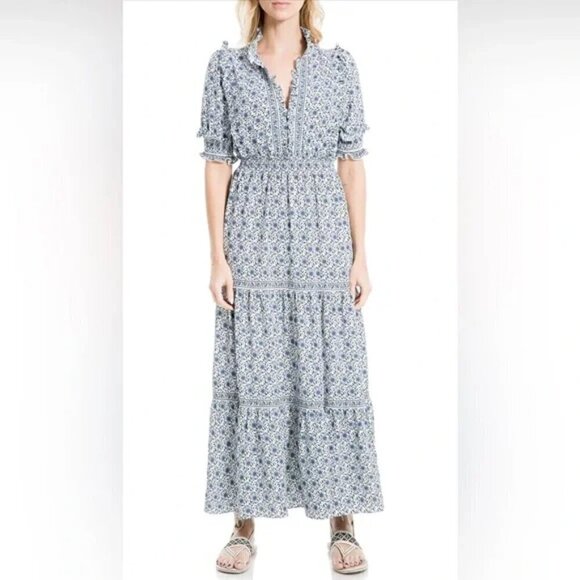 Max Studio Dress L VNeck Elbow Sleeve Boho Floral Print Tiered Maxi Flowy Casual - Picture 1 of 5
